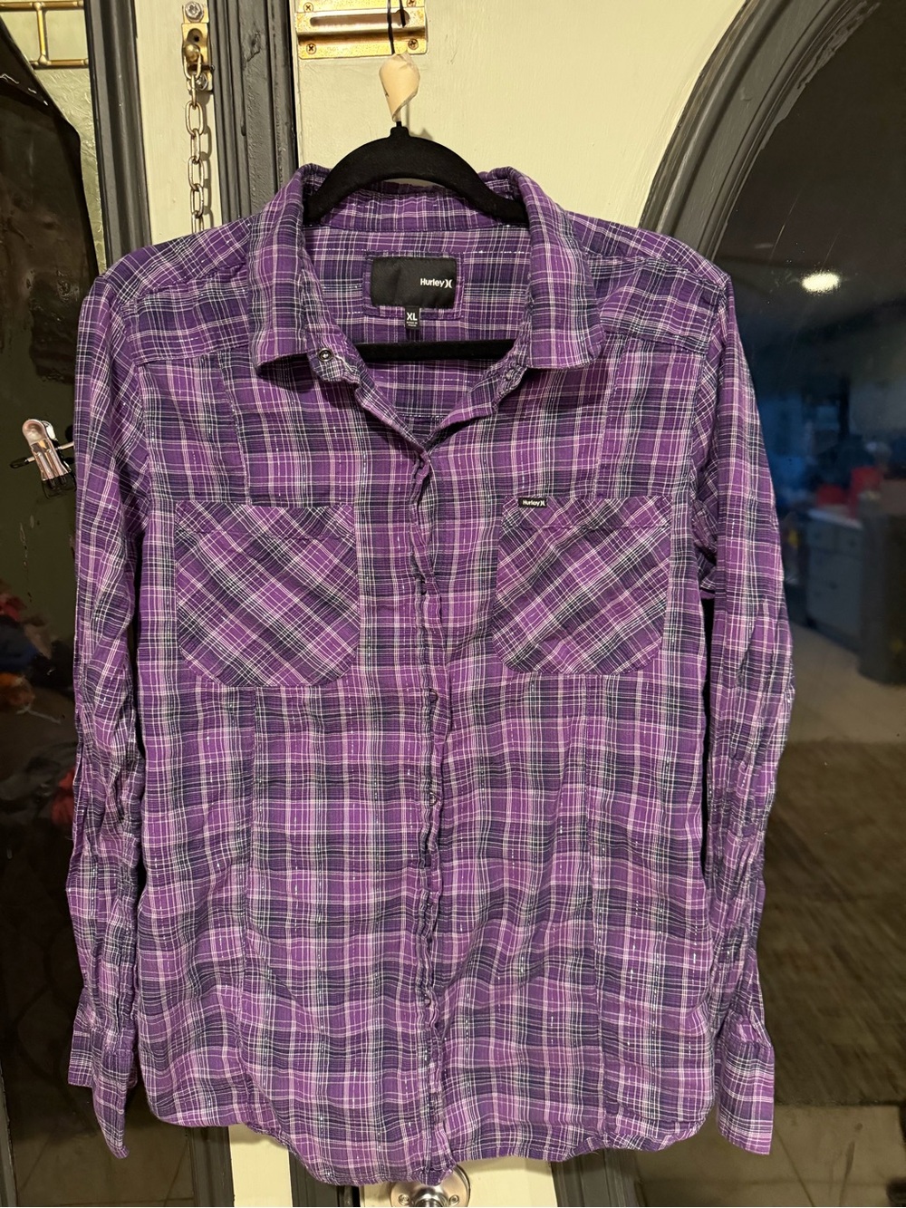 Hurley Purple Plaid Button-Down Shirt with Black Accents